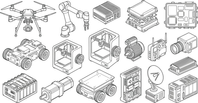 Collection of isometric line art illustrations featuring robotics automation electronics 3D printers and high-tech industrial equipment