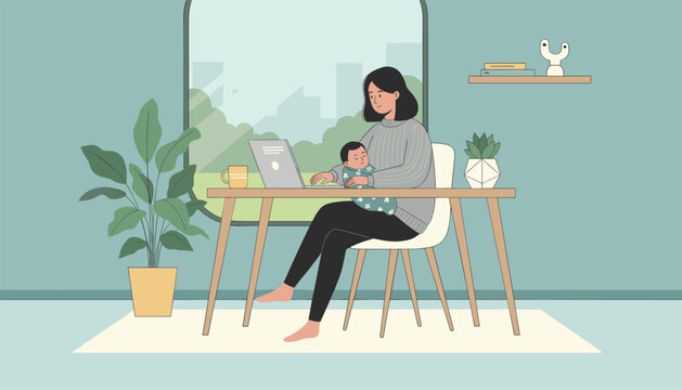 Busy working mother multitasking by working on her laptop at home while cradling her cute sleeping baby in her lap.