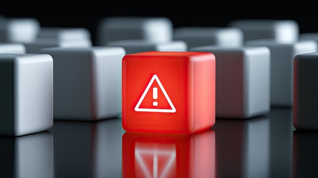 A glowing red cube with a white warning symbol stands out among many gray cubes