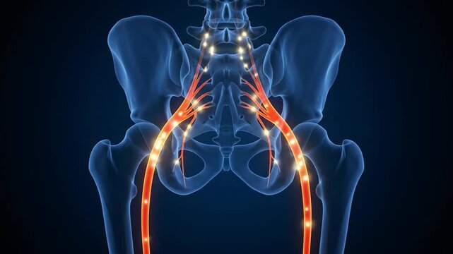 Sciatic nerve impulses pulsing through a glowing human pelvis