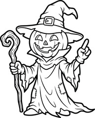 Fototapeta premium Halloween Pumpkin Wizard Line Art Vector Illustration