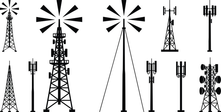 Set of telecommunication tower and cellular mast silhouettes for network and signal communication vector design