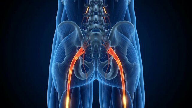 Glowing sciatic nerve highlight in human body medical animation