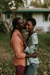 Fototapeta premium Man kissing partner on the cheek in a garden for intimate romantic portrait and lifestyle banner