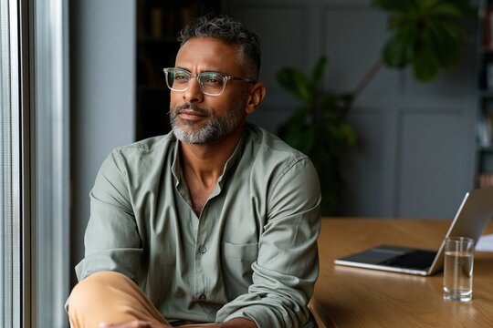 Thoughtful male professional portrait by window in modern office with laptop and glass for business profile background and website banner
