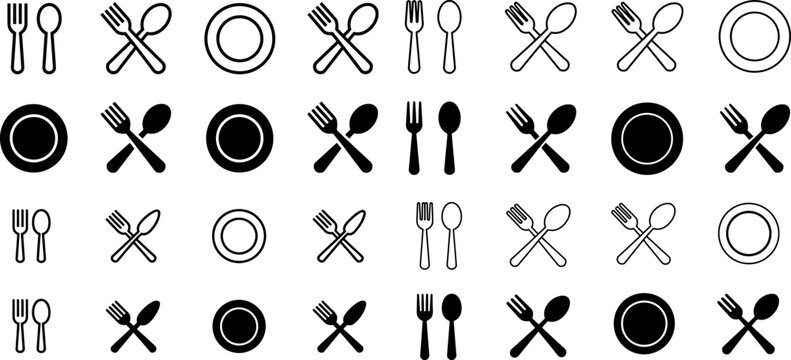 Set of Black and White Forks Knives Spoons and Plates Minimalist Flat Lay Composition
