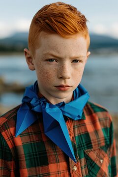 Intense freckled redhead boy with blue paper neckerchief by the sea for outdoor portrait and editorial use