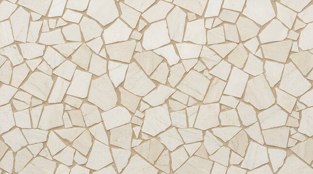 Irregular flagstone mosaic tile texture background. Off-white crazy paving stone wall pattern vector. Natural broken marble stone pavement texture. Luxury beige stone mosaic flooring pattern. 