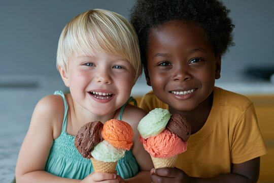 Close smiling children with multiple ice cream scoops in waffle cones for summer banner and family lifestyle portrait background