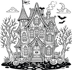Fototapeta premium Haunted House Coloring Page for Halloween Line Art Illustration