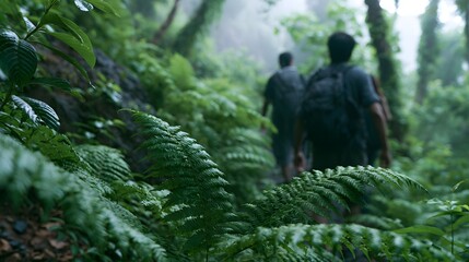 Obraz premium Two people walking through a lush green forest with misty background and large ferns in foreground