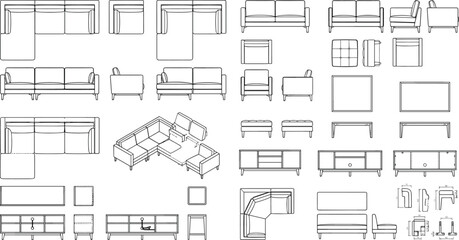 Set of architectural furniture technical flat sketches including sofas sectionals and media consoles for interior design planning © Manik