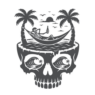 Skeleton Relaxing in Hammock on Skull Island Tropical Sunset Vector Illustration