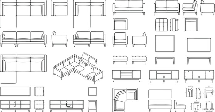 Set of architectural furniture technical flat sketches including sofas sectionals and media consoles for interior design planning