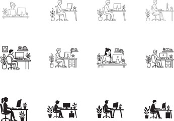 Obraz premium Minimalist home office icons with person, desk, computer and plants for remote work and productivity.