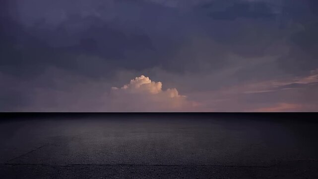Dramatic dark stormy clouds gather over a vast, empty dark landscape with a single illuminated cloud