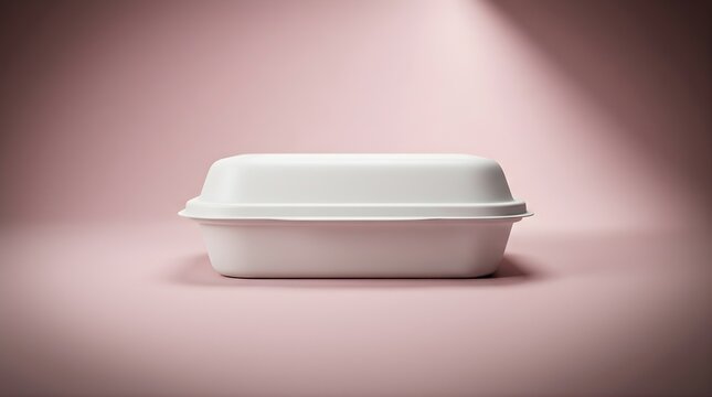 Disposable White Rectangular Food Container with Lid on Pink Background with Spotlight Effect