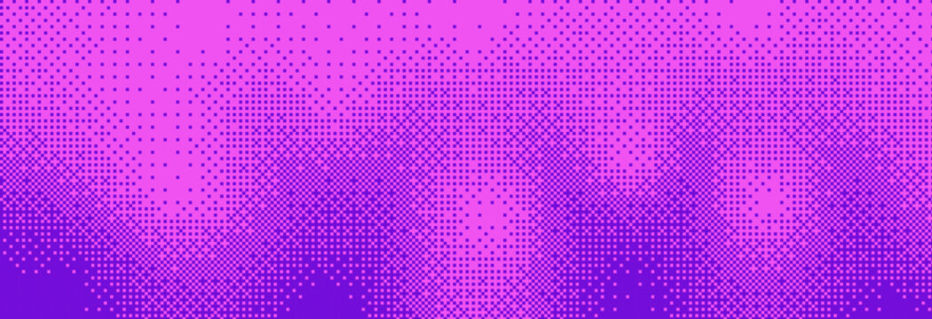 Purple glitch halftone bitmap texture background. Retro pixel art 8 bit background, fade dither pattern. Leisure or arcade games duotone border frame. Vector illustration