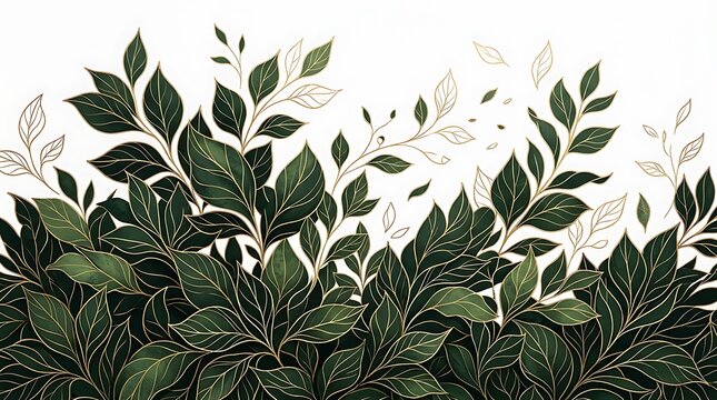 Elegant botanical illustration with dark green foliage and golden accents seamless pattern