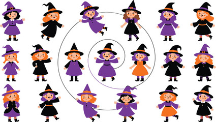Obraz premium Halloween witches for kids cartoon witch girls in black and purple costumes