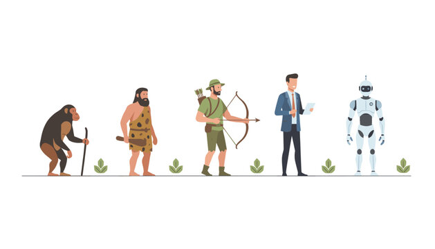 Flat vector illustration depicting human evolution from primitive ape and caveman to modern businessman and advanced AI robot.
