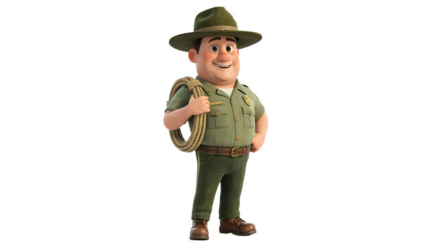 Friendly park ranger character wearing a green uniform and hat holding a coiled rope while standing with a cheerful smile isolated as a cut out on transparent background