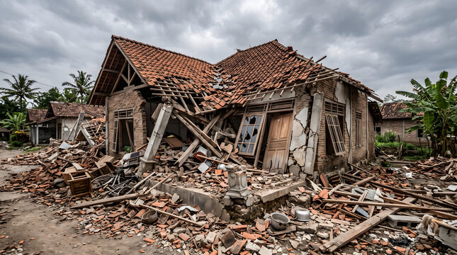 Destroyed brick house with collapsed roof and debris from disaster