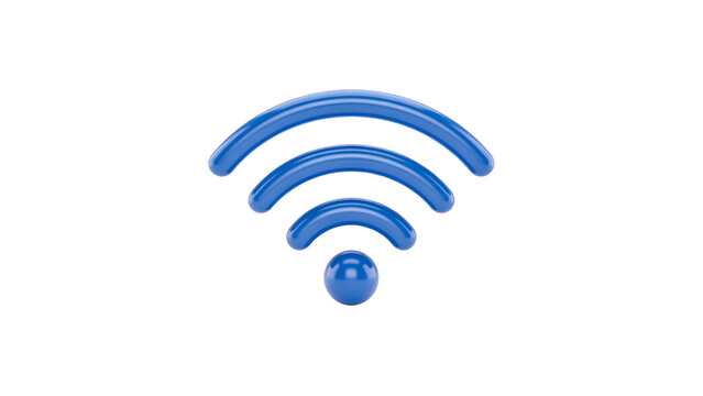 Glossy blue three dimensional wifi signal icon rendered with a smooth rounded surface texture and vibrant digital lighting effect isolated on a clean on transparent background