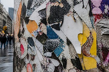 Naklejka premium A close view of torn paper and colorful posters on a column. City streets are wet from rain, and people are seen walking in the distance.
