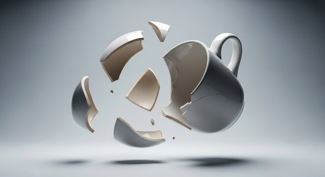 Broken white teapot shattering into pieces in mid air