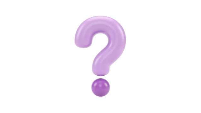 Glossy three dimensional purple question mark symbol featuring a smooth rounded shape with soft lighting effects created in a digital style rendered on transparent background