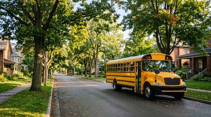 Obraz premium Yellow school bus parked on a tree lined suburban street with houses on a sunny day
