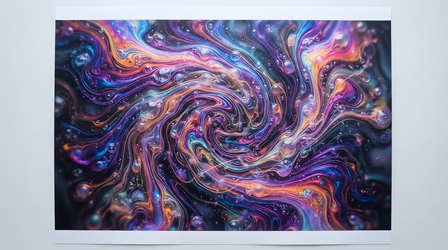 Vibrant swirling liquid art with bubbles