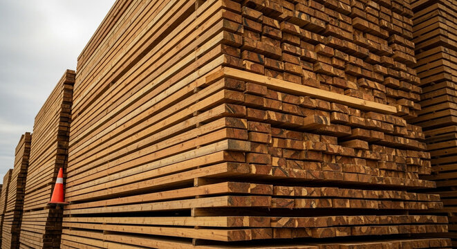 Large stack of lumber boards at a construction site outdoors today