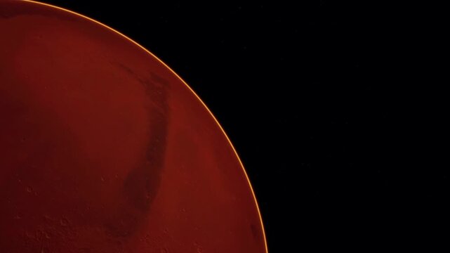 The scene shows the curved edge of Mars with its reddish surface visible. The atmosphere blends gently into the blackness of space. Stars are faintly seen in the background.