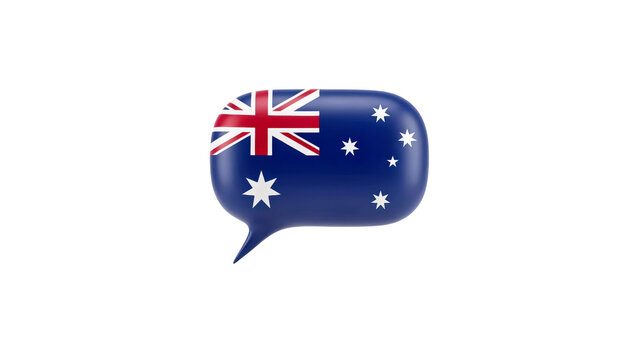 Glossy three dimensional speech bubble icon featuring the national flag of Australia rendered with bright colors and smooth textures isolated on a plain on transparent background