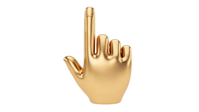 Shiny metallic golden hand icon pointing upward with a glossy reflective surface finish rendered in a high quality 3d style isolated on transparent background