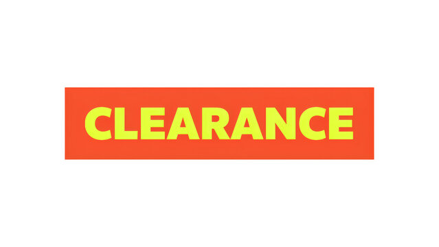 Bright yellow clearance text displayed inside a bold orange rectangular box design element created for retail marketing promotions and sales event banners on transparent background
