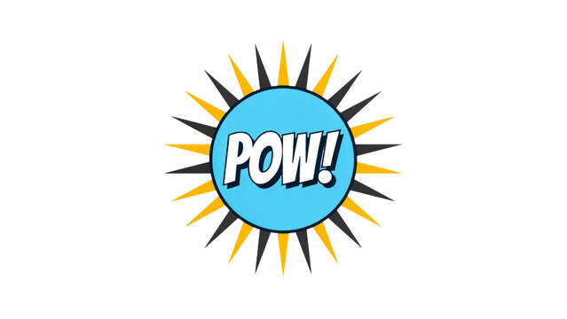 Vibrant blue comic book style explosion icon featuring bold white text with sharp yellow and black rays isolated for creative design projects on transparent background