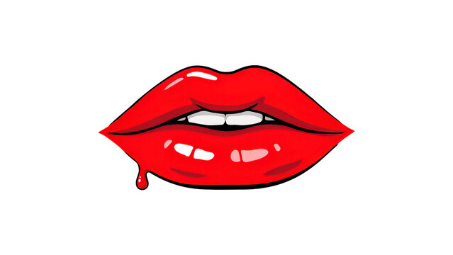 Vibrant pop art style illustration of bright red glossy lips with a single dripping drop of lipstick isolated as a graphic element on transparent background
