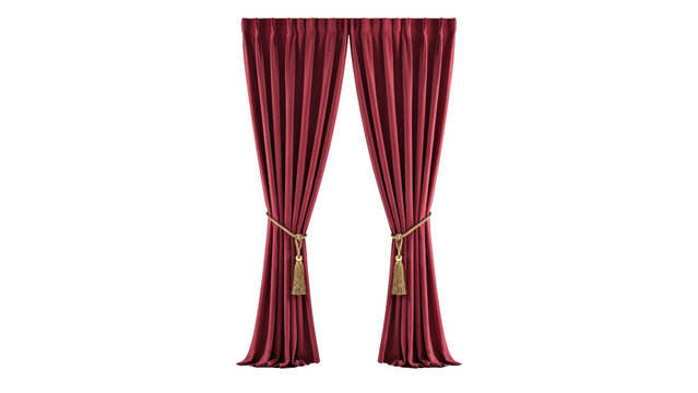 Elegant pair of deep red velvet fabric curtains with gold tiebacks and decorative tassels hanging gracefully in a high quality 3d render on transparent background