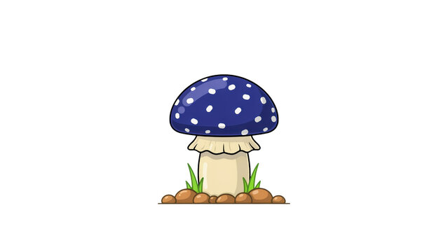 A cute cartoon blue mushroom with white polka dots featuring a thick stem and green grass blades rendered in a clean flat style on transparent background