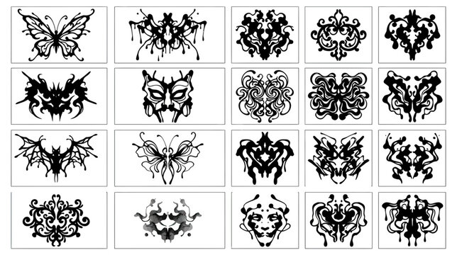 Rorschach inkblot test set with abstract symmetrical shapes