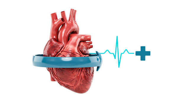Detailed realistic human heart anatomy model featuring a blue circular arrow and an electrocardiogram line symbol isolated for medical education purposes on transparent background