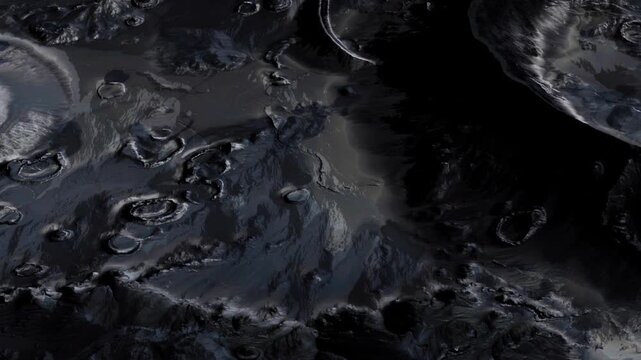 The scene shows a dark surface with various craters and rocky features. The landscape appears barren with uneven textures. The setting highlights the alien terrain.