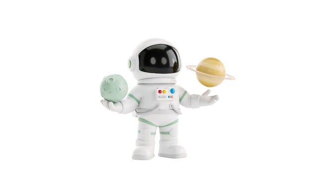 Cute 3d astronaut character holding a green moon and a yellow ringed planet in his hands while wearing a white space suit on transparent background