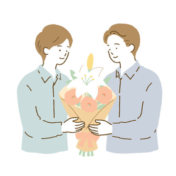 花束を贈る二人の男性　お祝い・送別・感謝の人物イラスト