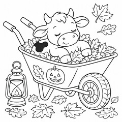 Naklejka premium Cute little baby cow in halloween costume sleeping in wheelbarrow full of autumn leaves with pumpkin and lantern black and white vector illustration.