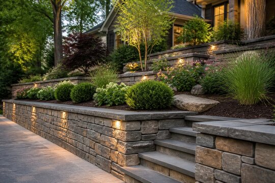 A well-organized garden features a stone wall with lights. Lush plants grow in neat rows. Steps lead to a charming house. The scene captures evening light and greenery.