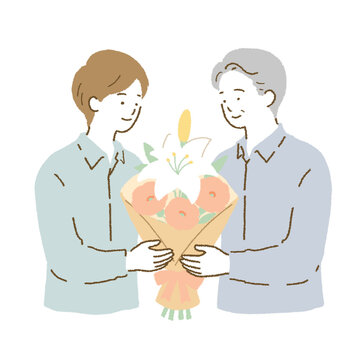 花束を贈る二人の男性 お祝い・送別・感謝の人物イラスト
